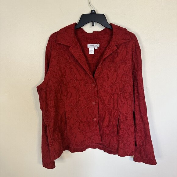 Womens Jacket Coldwater Creek Red Paisley Textured Button Up 1X Cotton Blend - Picture 8 of 8